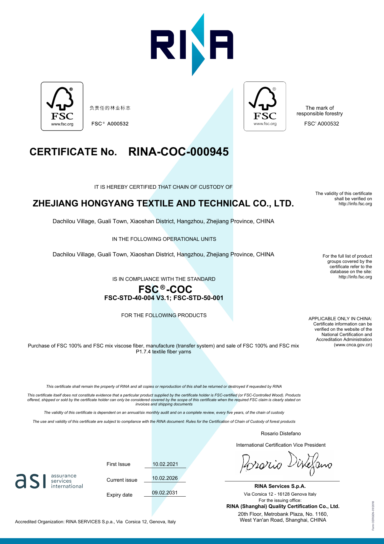 FSC Certificate RINA-COC-000945 preview