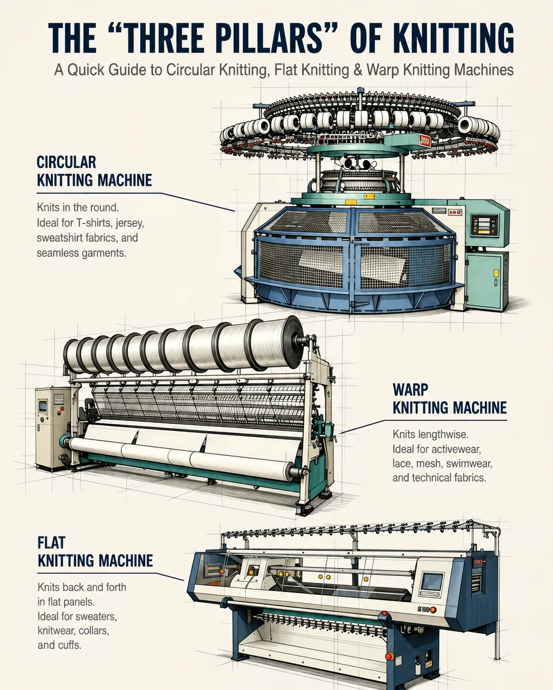 Circular knitting vs flat knitting vs warp knitting machine comparison