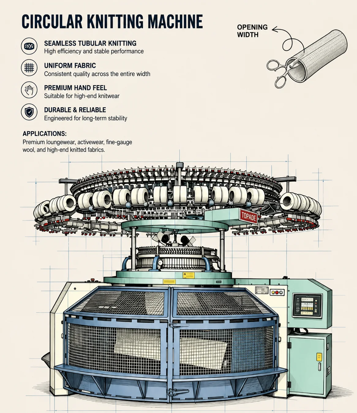 Circular knitting machine producing continuous tubular knit fabric