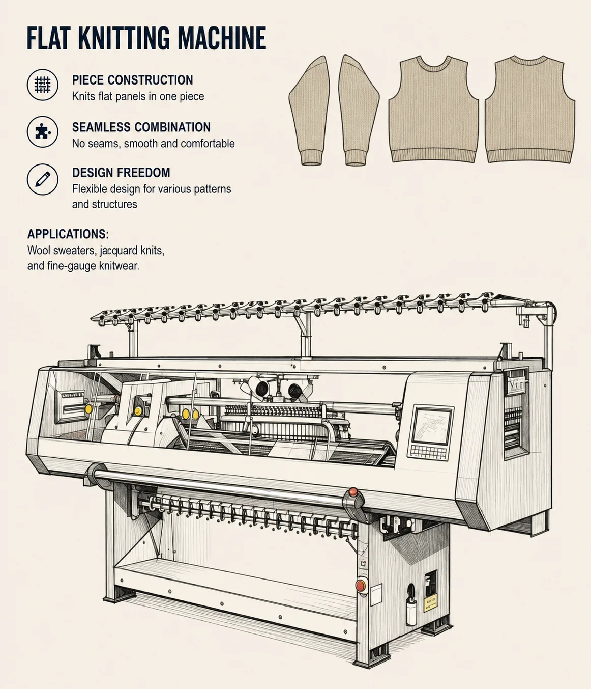 Flat knitting machine used for sweaters and shaped garment panels