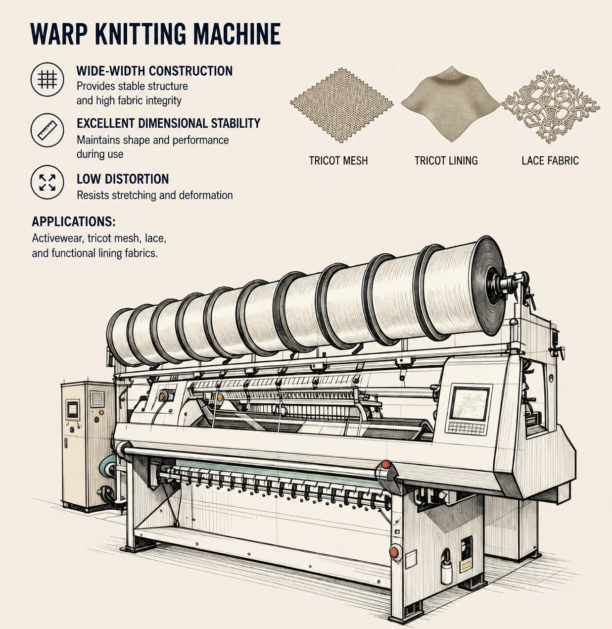 Warp knitting machine used for stable mesh lace and technical fabrics